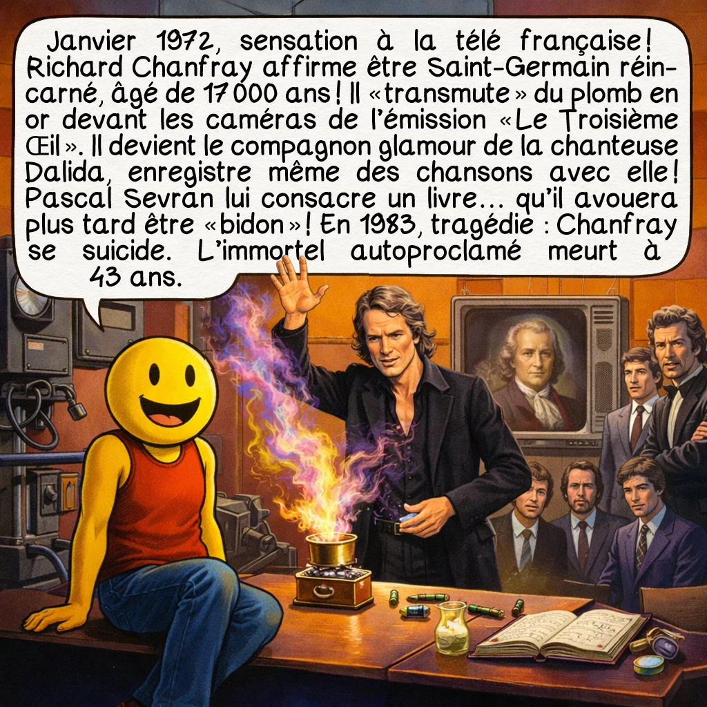 Le comte de Saint-Germain, case 7 : Janvier 1972, sensation à la télé française ! Richard Chanfray affirme être Saint-Germain réincarné, âgé de 17 000 ans ! Il « transmute » du plomb en or devant les caméras de l’émission « Le Troisième Œil ». Il devient le compagnon glamour de la chanteuse Dalida, enregistre même des chansons avec elle ! Pascal Sevran lui consacre un livre… qu’il avouera plus tard être « bidon » ! En 1983, tragédie : Chanfray se suicide. L’immortel autoproclamé meurt à 43 ans.
