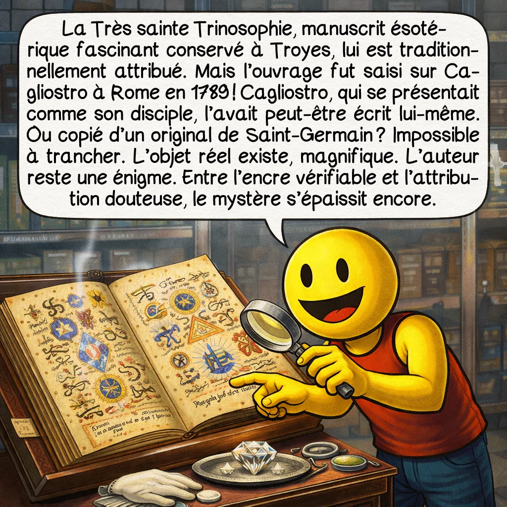 Le comte de Saint-Germain, case 8 : La Très sainte Trinosophie, manuscrit ésotérique fascinant conservé à Troyes, lui est traditionnellement attribué. Mais l’ouvrage fut saisi sur Cagliostro à Rome en 1789 ! Cagliostro, qui se présentait comme son disciple, l’avait peut-être écrit lui-même. Ou copié d’un original de Saint-Germain ? Impossible à trancher. L’objet réel existe, magnifique. L’auteur reste une énigme. Entre l’encre vérifiable et l’attribution douteuse, le mystère s’épaissit encore.