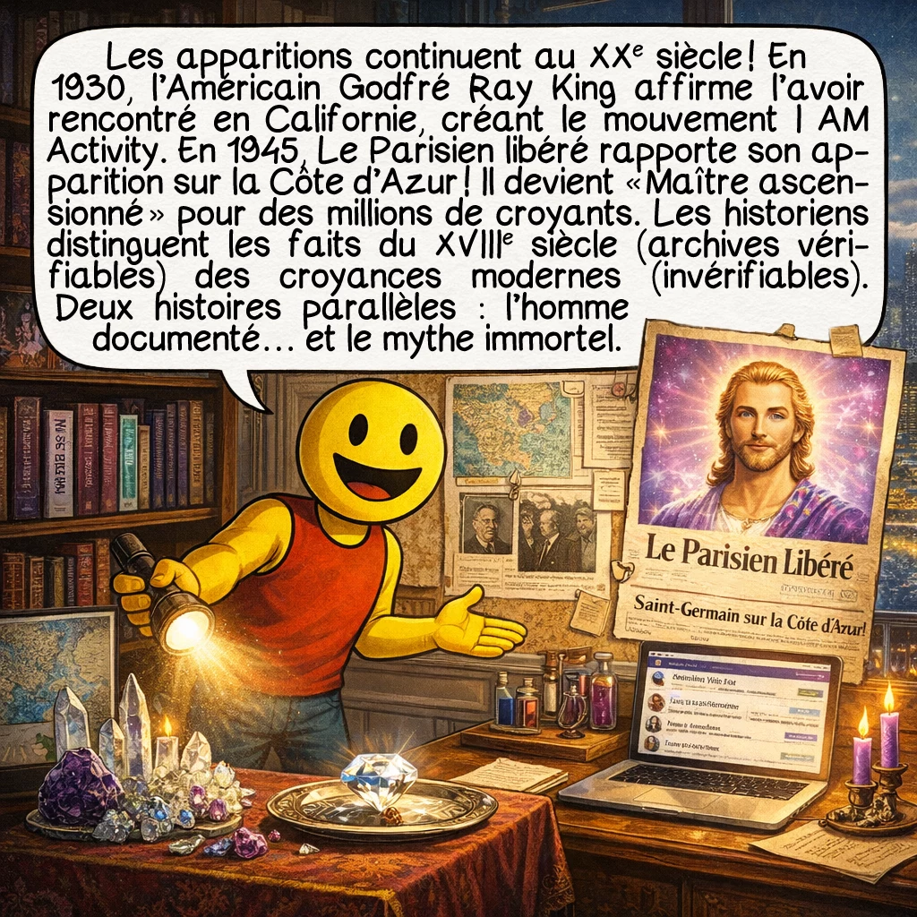 Le comte de Saint-Germain, case 9 : Les apparitions continuent au XXe siècle ! En 1930, l’Américain Godfré Ray King affirme l’avoir rencontré en Californie, créant le mouvement I AM Activity. En 1945, Le Parisien libéré rapporte son apparition sur la Côte d’Azur ! Il devient « Maître ascensionné » pour des millions de croyants. Les historiens distinguent les faits du XVIIIe siècle (archives vérifiables) des croyances modernes (invérifiables). Deux histoires parallèles : l’homme documenté… et le mythe immortel.