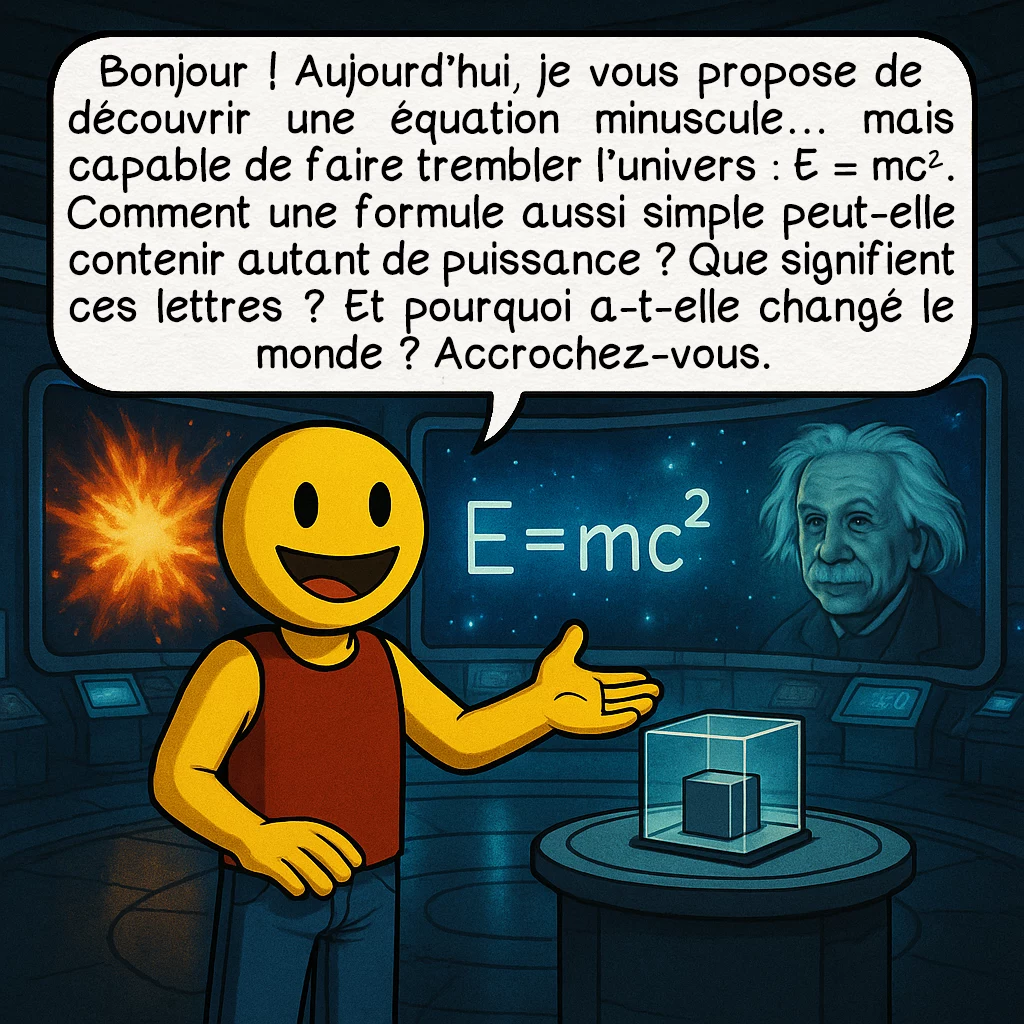 E = mc², case 1 : Bonjour ! Aujourd’hui, je vous propose de découvrir une équation minuscule… mais capable de faire trembler l’univers : E = mc². Comment une formule aussi simple peut-elle contenir autant de puissance ? Que signifient ces lettres ? Et pourquoi a-t-elle changé le monde ? Accrochez-vous.