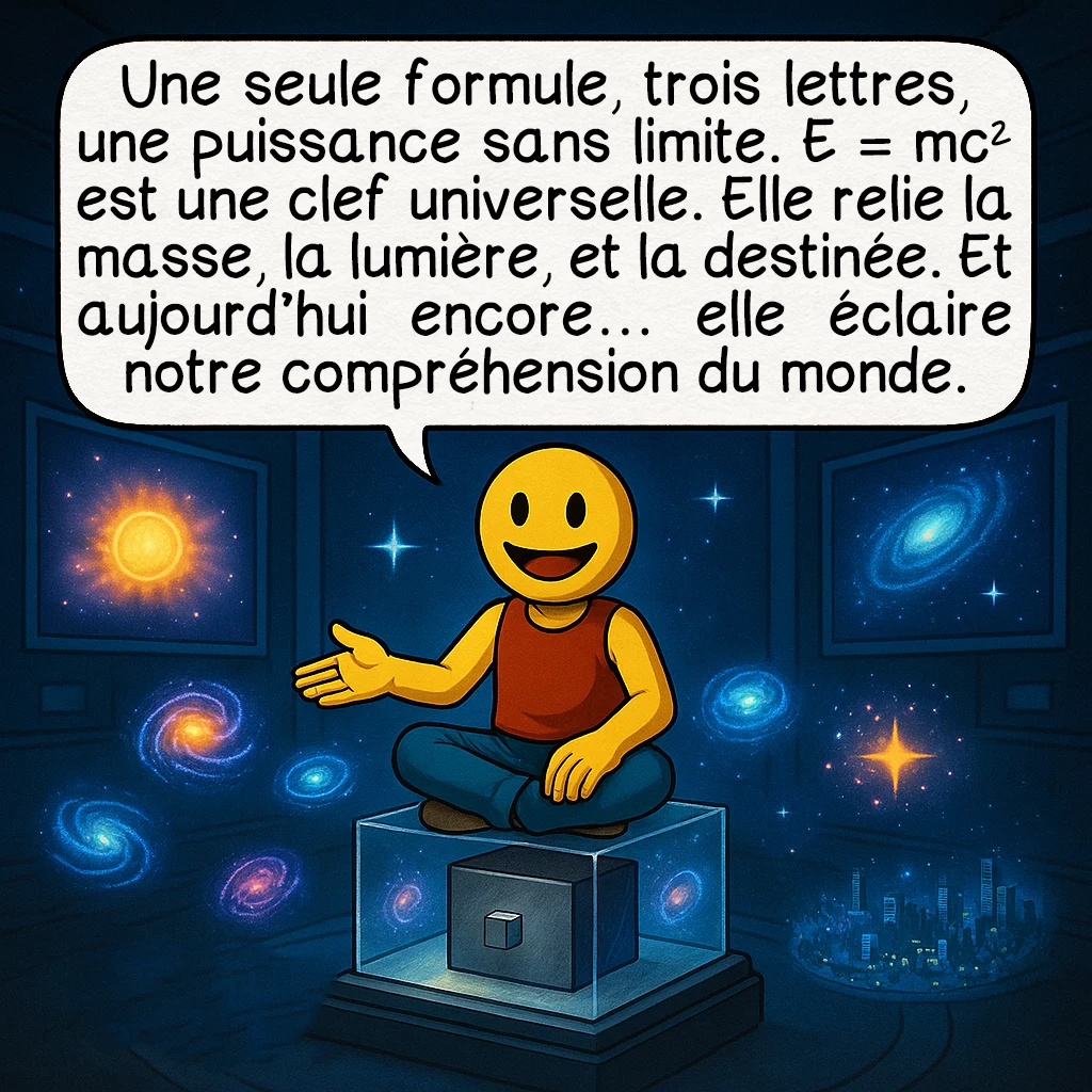E = mc², case 10 : Une seule formule, trois lettres, une puissance sans limite. E = mc² est une clef universelle. Elle relie la masse, la lumière, et la destinée. Et aujourd’hui encore… elle éclaire notre compréhension du monde.