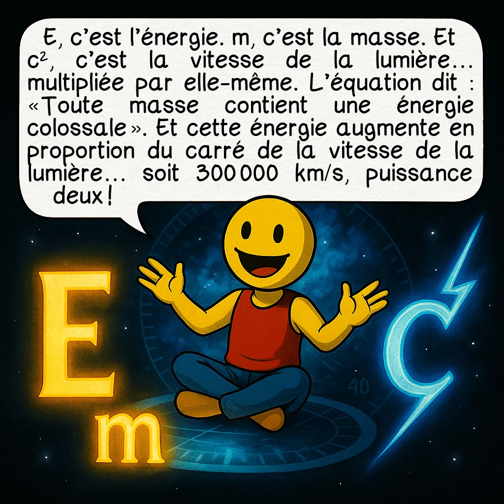 E = mc², case 2 : E, c’est l’énergie. m, c’est la masse. Et c², c’est la vitesse de la lumière… multipliée par elle-même. L’équation dit : « Toute masse contient une énergie colossale ». Et cette énergie augmente en proportion du carré de la vitesse de la lumière… soit 300 000 km/s, puissance deux !