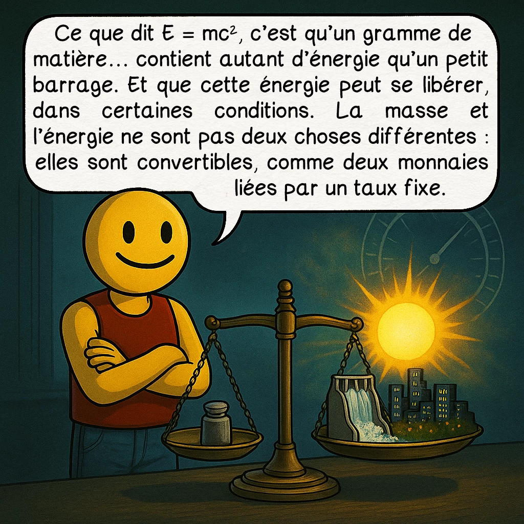 E = mc², case 3 : Ce que dit E = mc², c’est qu’un gramme de matière… contient autant d’énergie qu’un petit barrage. Et que cette énergie peut se libérer, dans certaines conditions. La masse et l’énergie ne sont pas deux choses différentes : elles sont convertibles, comme deux monnaies liées par un taux fixe.