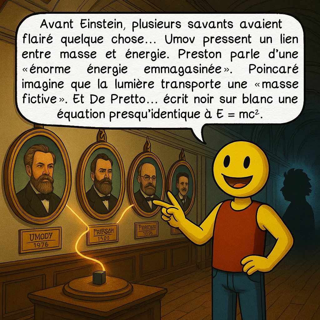 E = mc², case 4 : Avant Einstein, plusieurs savants avaient flairé quelque chose… Umov pressent un lien entre masse et énergie. Preston parle d’une « énorme énergie emmagasinée ». Poincaré imagine que la lumière transporte une « masse fictive ». Et De Pretto… écrit noir sur blanc une équation presque identique à E = mc².