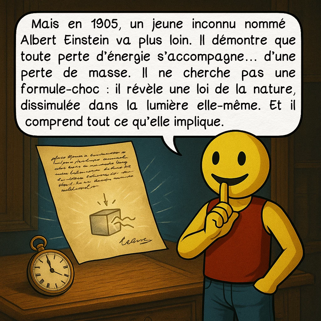 E = mc², case 5 : Mais en 1905, un jeune inconnu nommé Albert Einstein va plus loin. Il démontre que toute perte d’énergie s’accompagne… d’une perte de masse. Il ne cherche pas une formule-choc : il révèle une loi de la nature, dissimulée dans la lumière elle-même. Et il comprend tout ce qu’elle implique.