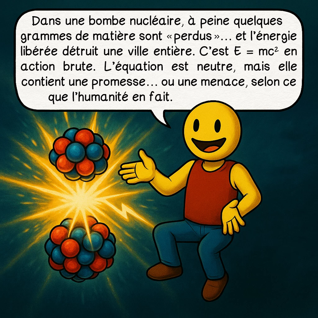 E = mc², case 6 : Dans une bombe nucléaire, à peine quelques grammes de matière sont « perdus »… et l’énergie libérée détruit une ville entière. C’est E = mc² en action brute. L’équation est neutre, mais elle contient une promesse… ou une menace, selon ce que l’humanité en fait.