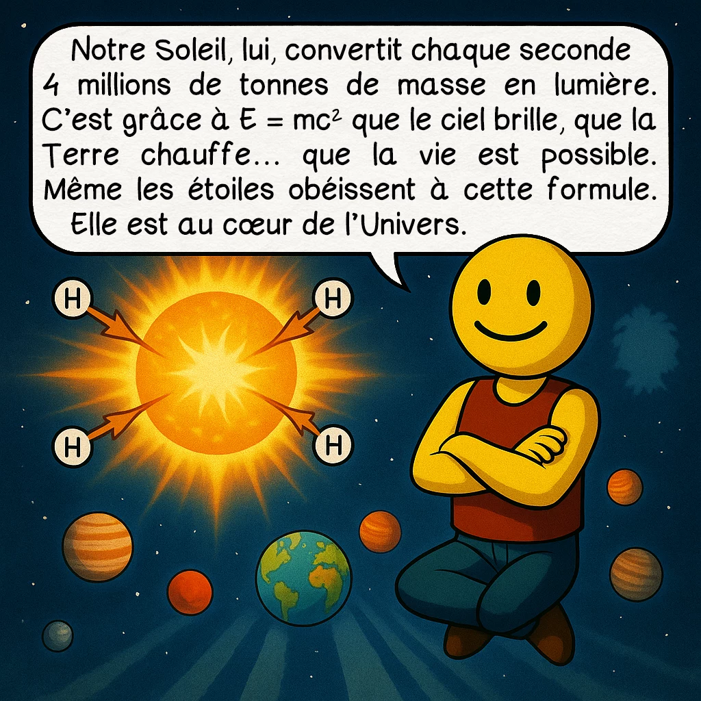 E = mc², case 7 : Notre Soleil, lui, convertit chaque seconde 4 millions de tonnes de masse en lumière. C’est grâce à E = mc² que le ciel brille, que la Terre chauffe… que la vie est possible. Même les étoiles obéissent à cette formule. Elle est au cœur de l’Univers.