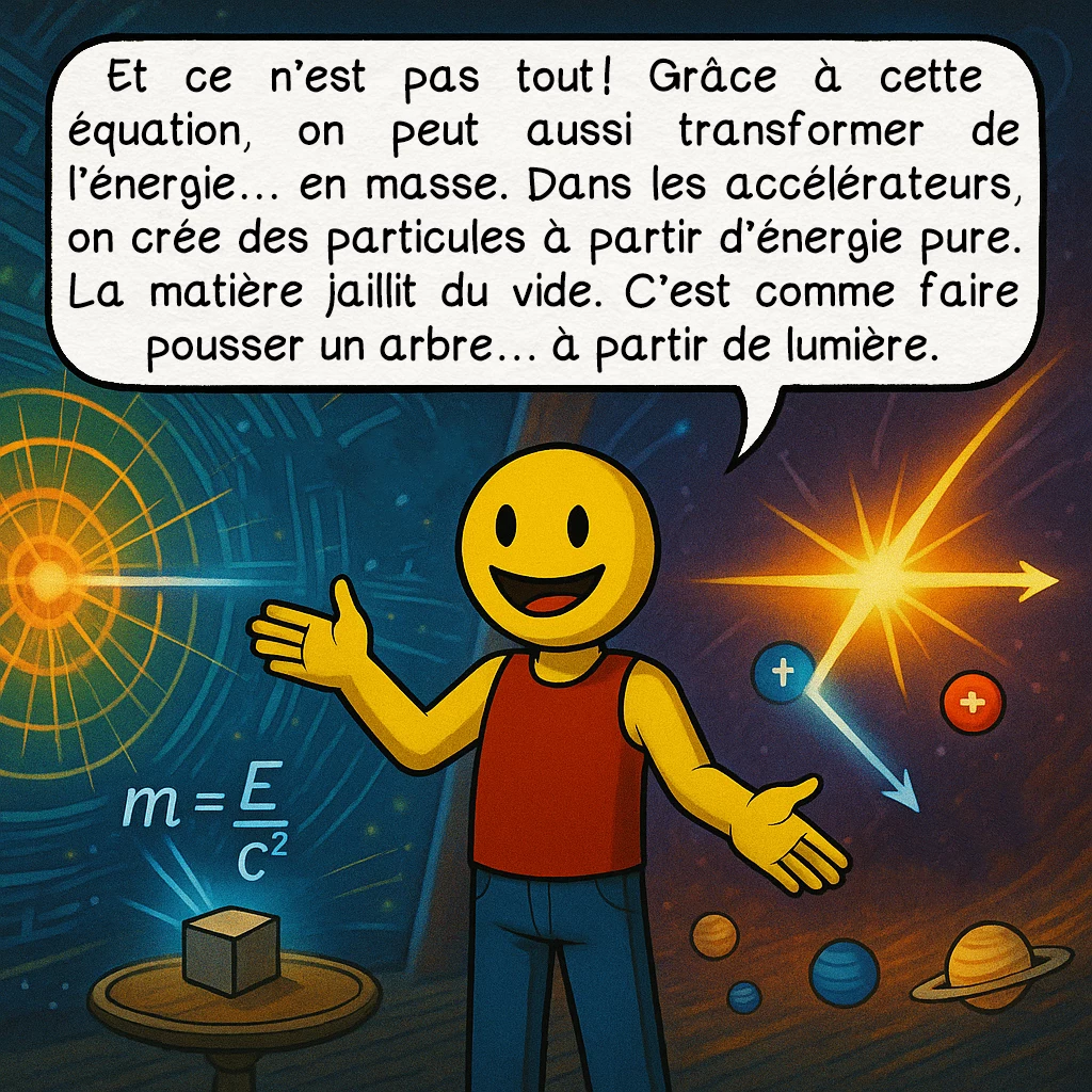 E = mc², case 8 : Et ce n’est pas tout ! Grâce à cette équation, on peut aussi transformer de l’énergie… en masse. Dans les accélérateurs, on crée des particules à partir d’énergie pure. La matière jaillit du vide. C’est comme faire pousser un arbre… à partir de lumière.