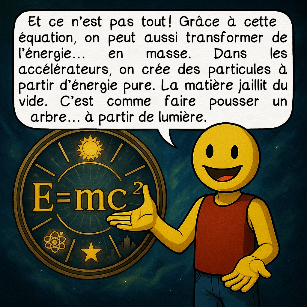 E = mc², case 9 : E = mc² est bien plus qu’une formule. C’est une passerelle entre l’invisible et le réel, entre l’infini de l’espace et la graine d’un fruit. Chaque fois qu’une étoile brille, qu’un atome se désintègre ou qu’un rêve prend feu… elle est là. Silencieuse, mais toujours active.