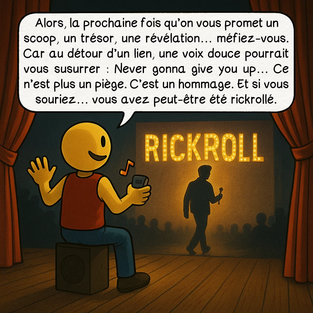 Le rickroll, case 10 : Alors, la prochaine fois qu’on vous promet un scoop, un trésor, une révélation… méfiez-vous. Car au détour d’un lien, une voix douce pourrait vous susurrer : Never gonna give you up… Ce n’est plus un piège. C’est un hommage. Et si vous souriez… vous avez peut-être été rickrollé.