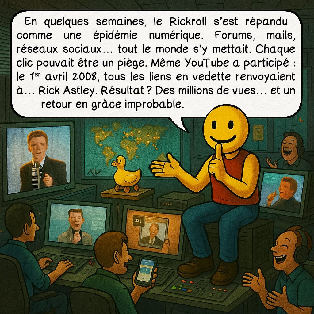 Le rickroll, case 4 : En quelques semaines, le Rickroll s’est répandu comme une épidémie numérique. Forums, mails, réseaux sociaux… tout le monde s’y mettait. Chaque clic pouvait être un piège. Même YouTube a participé : le 1er avril 2008, tous les liens en vedette renvoyaient à… Rick Astley. Résultat ? Des millions de vues… et un retour en grâce improbable.
