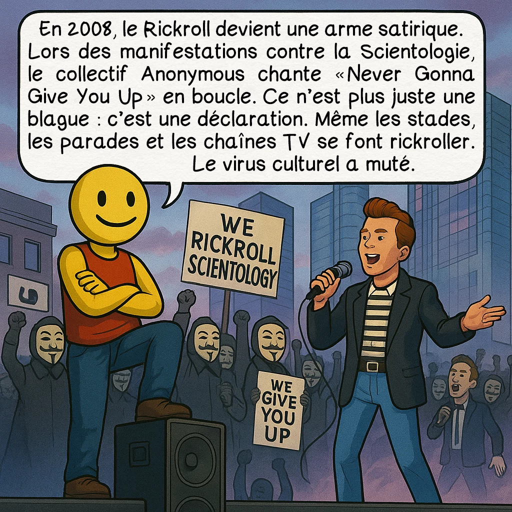 Le rickroll, case 5 : En 2008, le Rickroll devient une arme satirique. Lors des manifestations contre la Scientologie, le collectif Anonymous chante « Never Gonna Give You Up » en boucle. Ce n’est plus juste une blague : c’est une déclaration. Même les stades, les parades et les chaînes TV se font rickroller. Le virus culturel a muté.