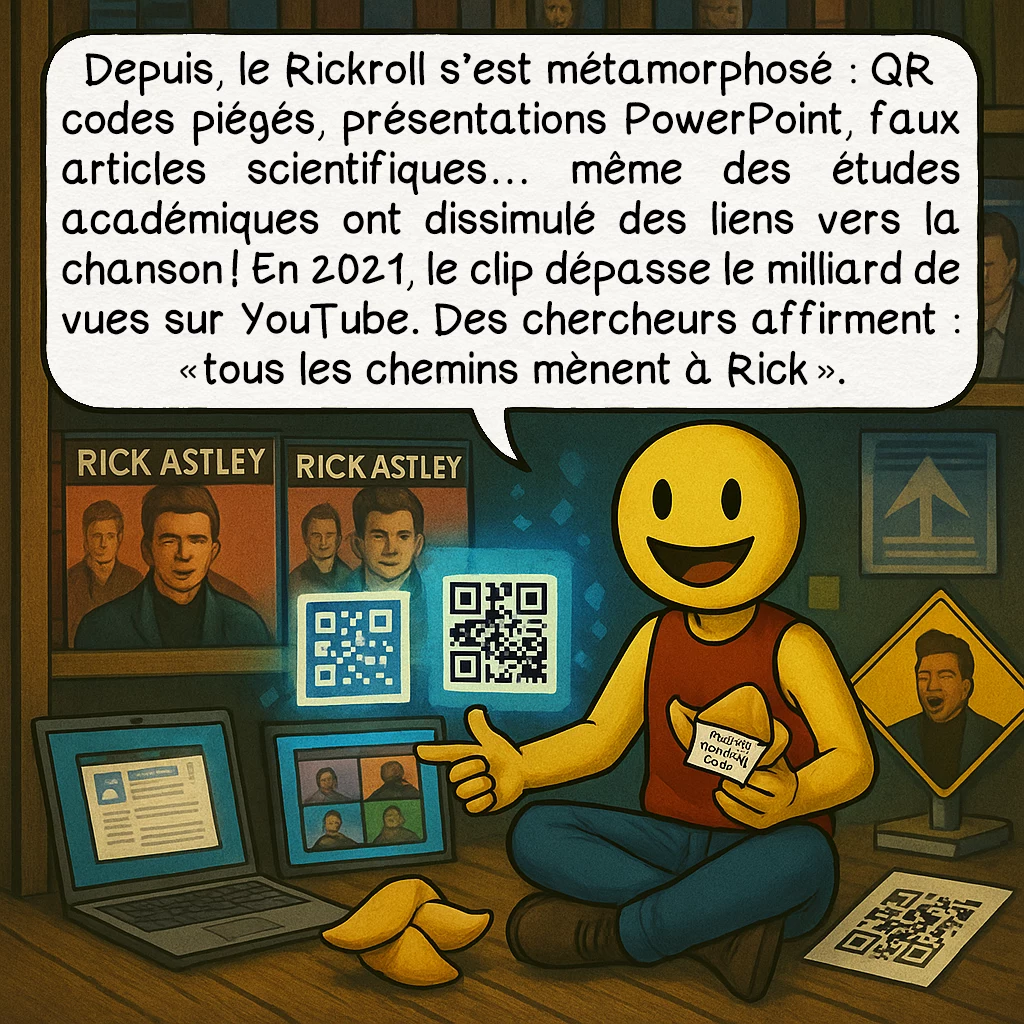 Le rickroll, case 7 : Depuis, le Rickroll s’est métamorphosé : QR codes piégés, présentations PowerPoint, faux articles scientifiques… même des études académiques ont dissimulé des liens vers la chanson ! En 2021, le clip dépasse le milliard de vues sur YouTube. Des chercheurs affirment : « tous les chemins mènent à Rick ».