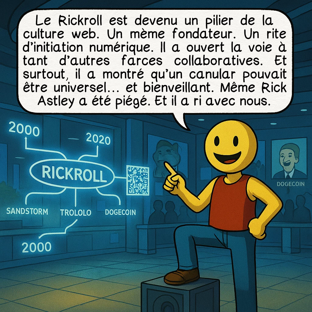 Le rickroll, case 8 : Le Rickroll est devenu un pilier de la culture web. Un mème fondateur. Un rite d’initiation numérique. Il a ouvert la voie à tant d’autres farces collaboratives. Et surtout, il a montré qu’un canular pouvait être universel… et bienveillant. Même Rick Astley a été piégé. Et il a ri avec nous.