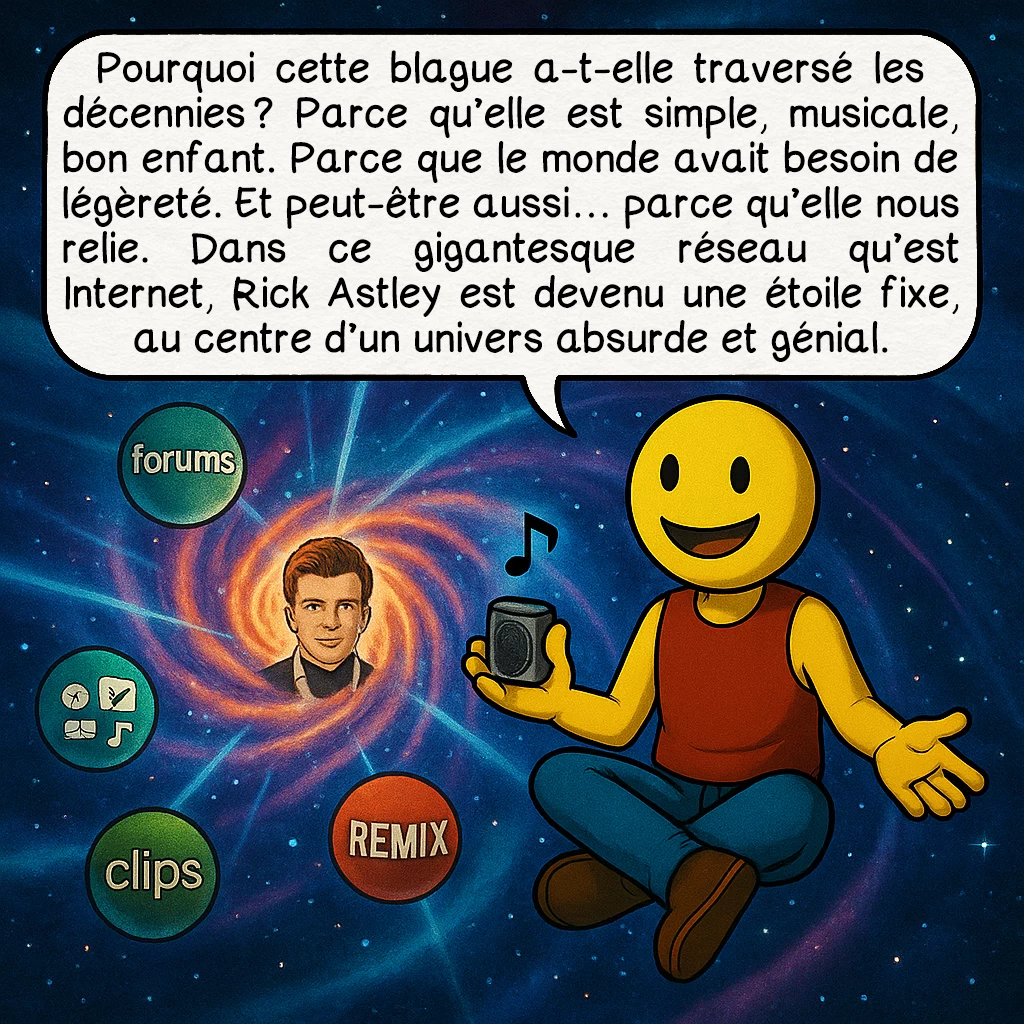 Le rickroll, case 9 : Pourquoi cette blague a-t-elle traversé les décennies ? Parce qu’elle est simple, musicale, bon enfant. Parce que le monde avait besoin de légèreté. Et peut-être aussi… parce qu’elle nous relie. Dans ce gigantesque réseau qu’est Internet, Rick Astley est devenu une étoile fixe, au centre d’un univers absurde et génial.