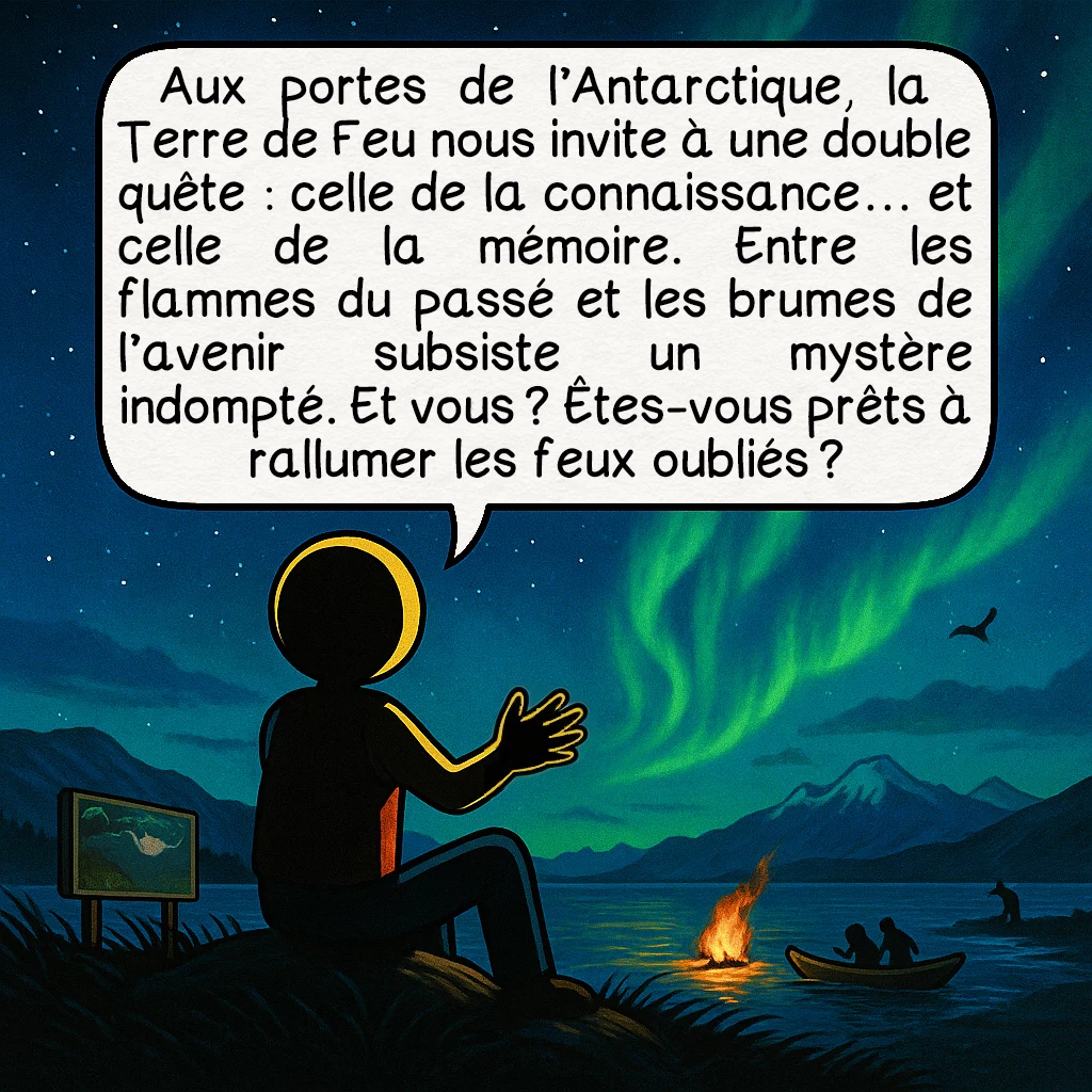La Terre de feu, case 10 : Aux portes de l’Antarctique, la Terre de Feu nous invite à une double quête : celle de la connaissance… et celle de la mémoire. Entre les flammes du passé et les brumes de l’avenir subsiste un mystère indompté. Et vous ? Êtes-vous prêts à rallumer les feux oubliés ?