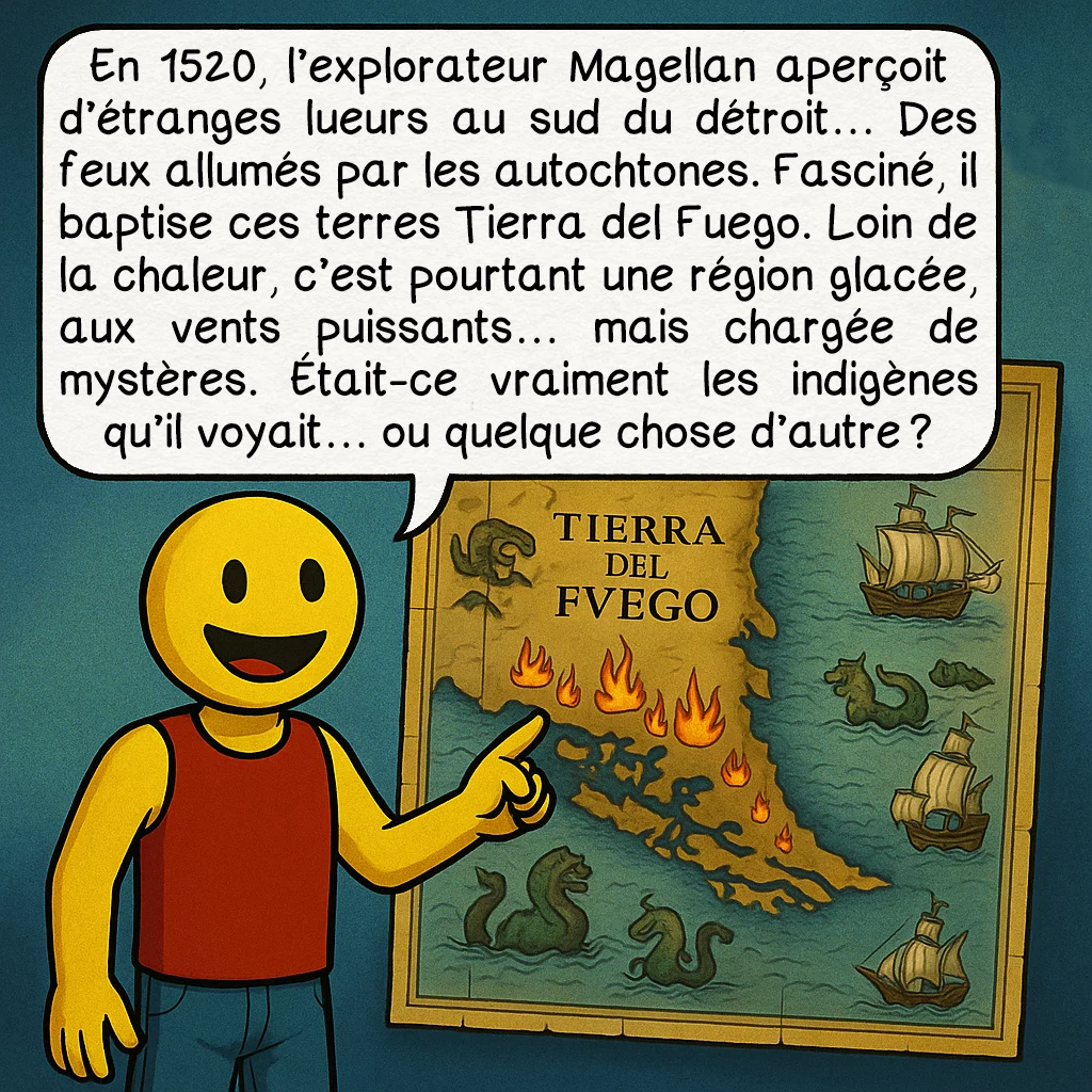 La Terre de feu, case 2 : En 1520, l’explorateur Magellan aperçoit d’étranges lueurs au sud du détroit… Des feux allumés par les autochtones. Fasciné, il baptise ces terres Tierra del Fuego. Loin de la chaleur, c’est pourtant une région glacée, aux vents puissants… mais chargée de mystères. Était-ce vraiment les indigènes qu’il voyait… ou quelque chose d’autre ?