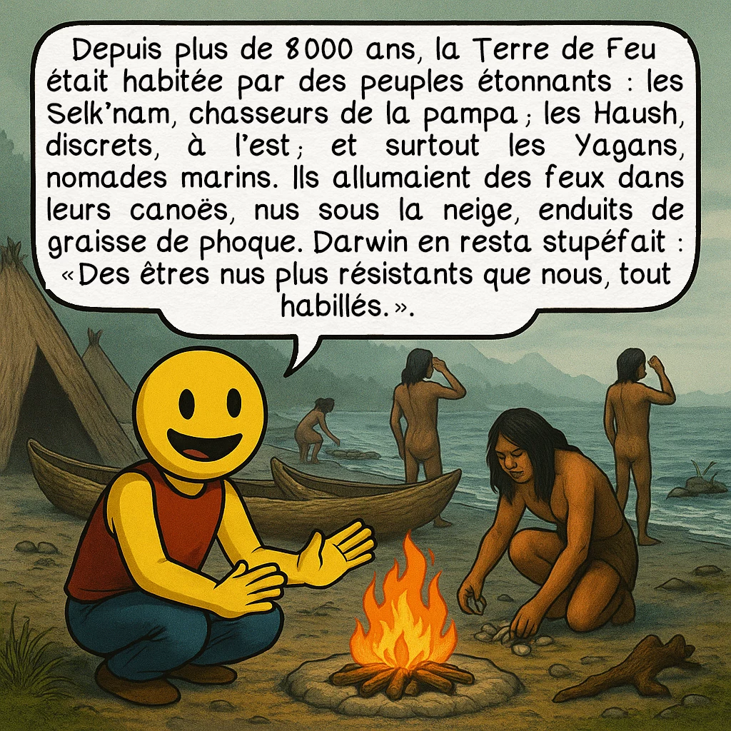 La Terre de feu, case 3 : Depuis plus de 8 000 ans, la Terre de Feu était habitée par des peuples étonnants : les Selk’nam, chasseurs de la pampa ; les Haush, discrets, à l’est ; et surtout les Yagans, nomades marins. Ils allumaient des feux dans leurs canoës, nus sous la neige, enduits de graisse de phoque. Darwin en resta stupéfait : « Des êtres nus plus résistants que nous, tout habillés. ».