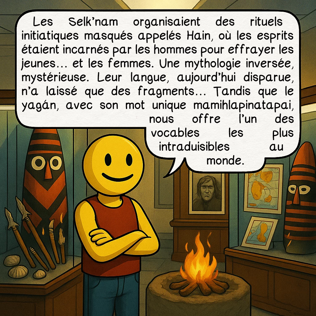 La Terre de feu, case 4 : Les Selk’nam organisaient des rituels initiatiques masqués appelés Hain, où les esprits étaient incarnés par les hommes pour effrayer les jeunes… et les femmes. Une mythologie inversée, mystérieuse. Leur langue, aujourd’hui disparue, n’a laissé que des fragments… Tandis que le yagán, avec son mot unique mamihlapinatapai, nous offre l’un des vocables les plus intraduisibles au monde.