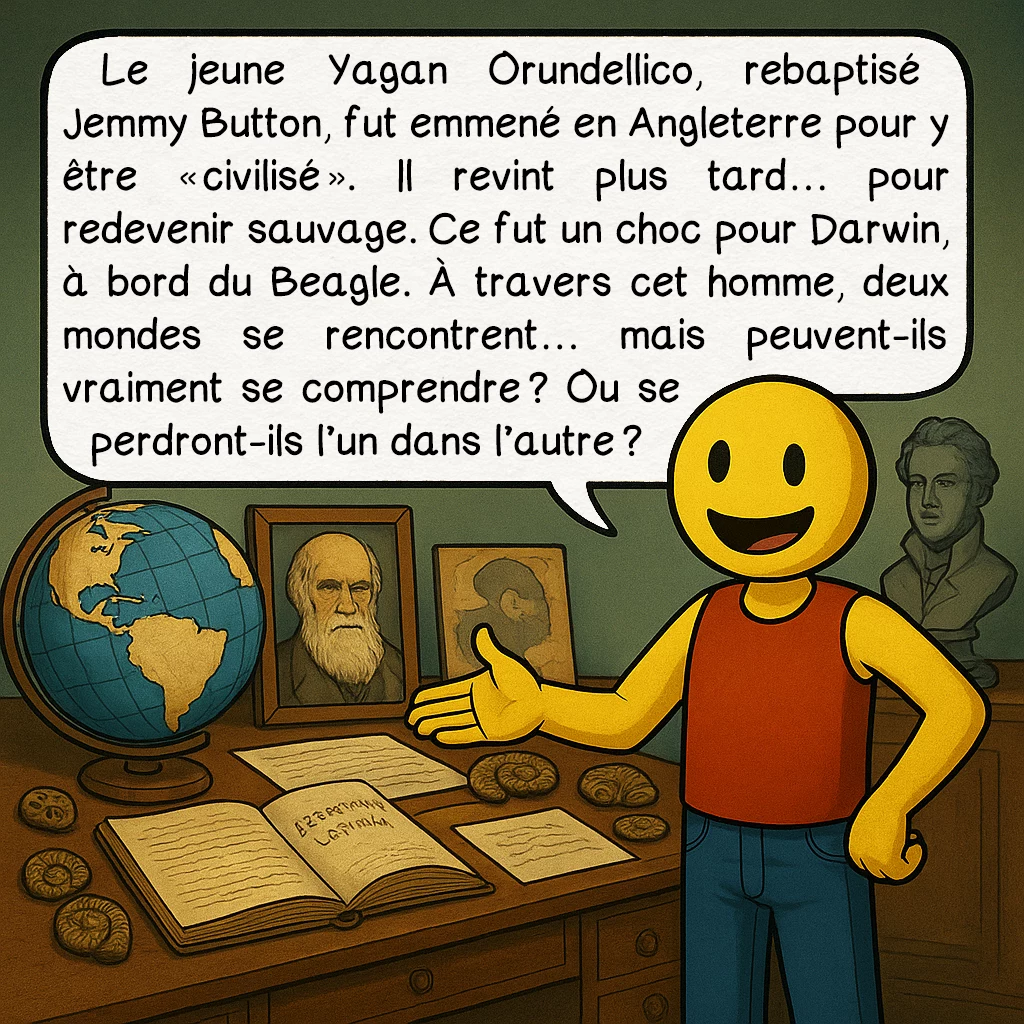 La Terre de feu, case 5 : Le jeune Yagan Orundellico, rebaptisé Jemmy Button, fut emmené en Angleterre pour y être « civilisé ». Il revint plus tard… pour redevenir sauvage. Ce fut un choc pour Darwin, à bord du Beagle. À travers cet homme, deux mondes se rencontrent… mais peuvent-ils vraiment se comprendre ? Ou se perdront-ils l’un dans l’autre ?