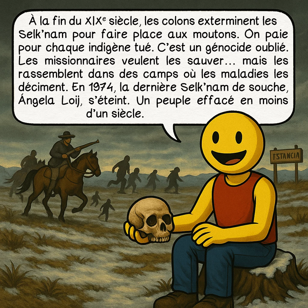 La Terre de feu, case 6 : À la fin du XIXe siècle, les colons exterminent les Selk’nam pour faire place aux moutons. On paie pour chaque indigène tué. C’est un génocide oublié. Les missionnaires veulent les sauver… mais les rassemblent dans des camps où les maladies les déciment. En 1974, la dernière Selk’nam de souche, Ángela Loij, s’éteint. Un peuple effacé en moins d’un siècle.