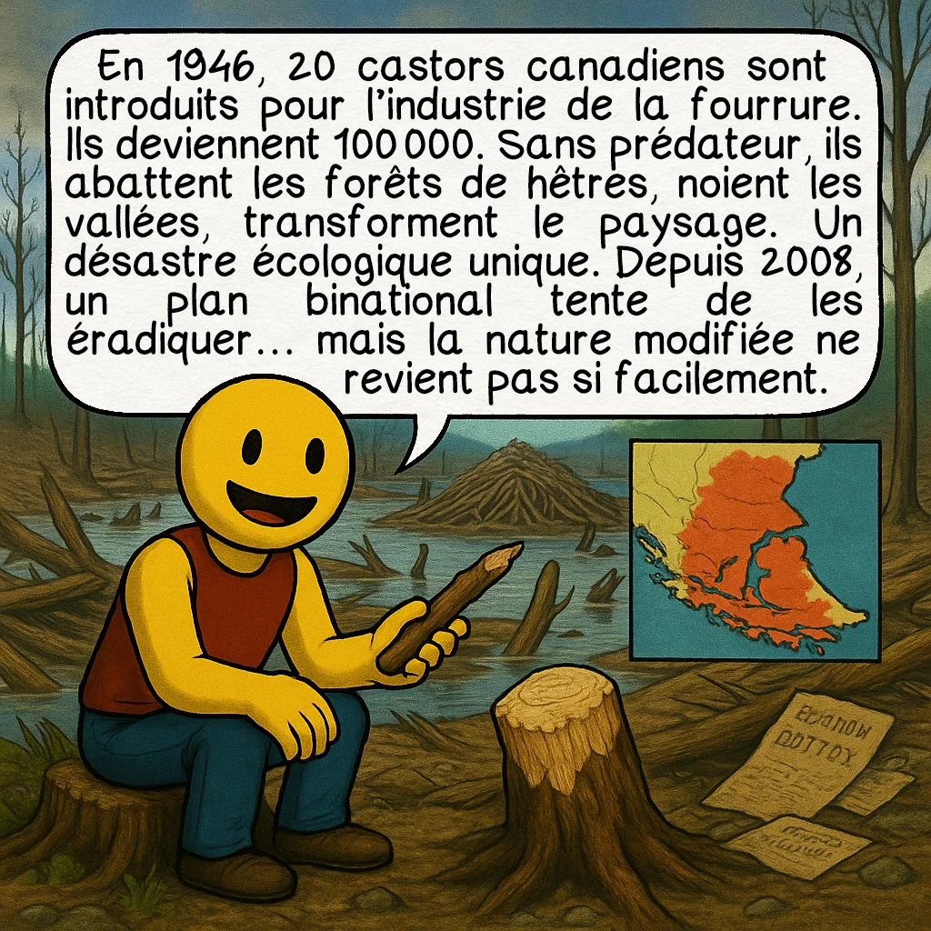 La Terre de feu, case 7 : En 1946, 20 castors canadiens sont introduits pour l’industrie de la fourrure. Ils deviennent 100 000. Sans prédateur, ils abattent les forêts de hêtres, noient les vallées, transforment le paysage. Un désastre écologique unique. Depuis 2008, un plan binational tente de les éradiquer… mais la nature modifiée ne revient pas si facilement.
