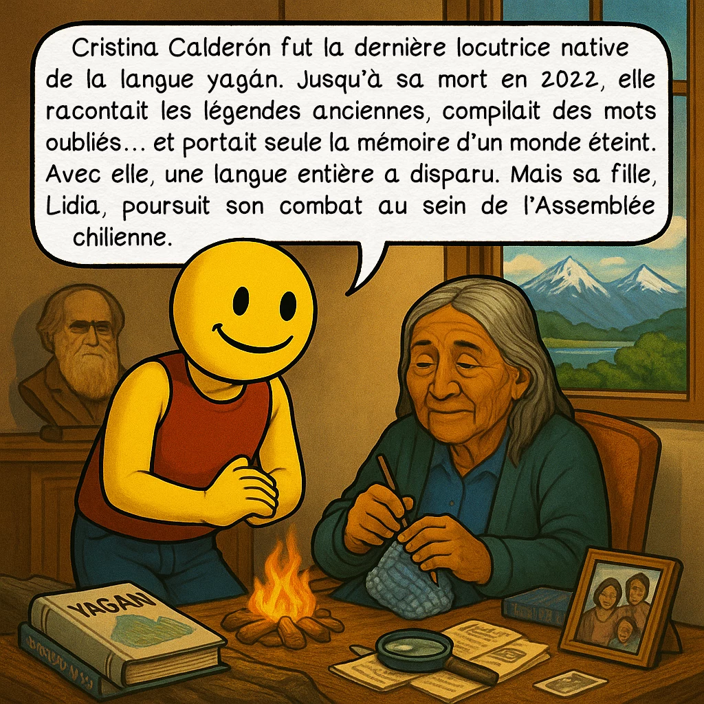 La Terre de feu, case 8 : Cristina Calderón fut la dernière locutrice native de la langue yagán. Jusqu’à sa mort en 2022, elle racontait les légendes anciennes, compilait des mots oubliés… et portait seule la mémoire d’un monde éteint. Avec elle, une langue entière a disparu. Mais sa fille, Lidia, poursuit son combat au sein de l’Assemblée chilienne.