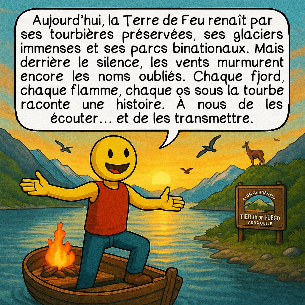 La Terre de feu, case 9 : Aujourd’hui, la Terre de Feu renaît par ses tourbières préservées, ses glaciers immenses et ses parcs binationaux. Mais derrière le silence, les vents murmurent encore les noms oubliés. Chaque fjord, chaque flamme, chaque os sous la tourbe raconte une histoire. À nous de les écouter… et de les transmettre.