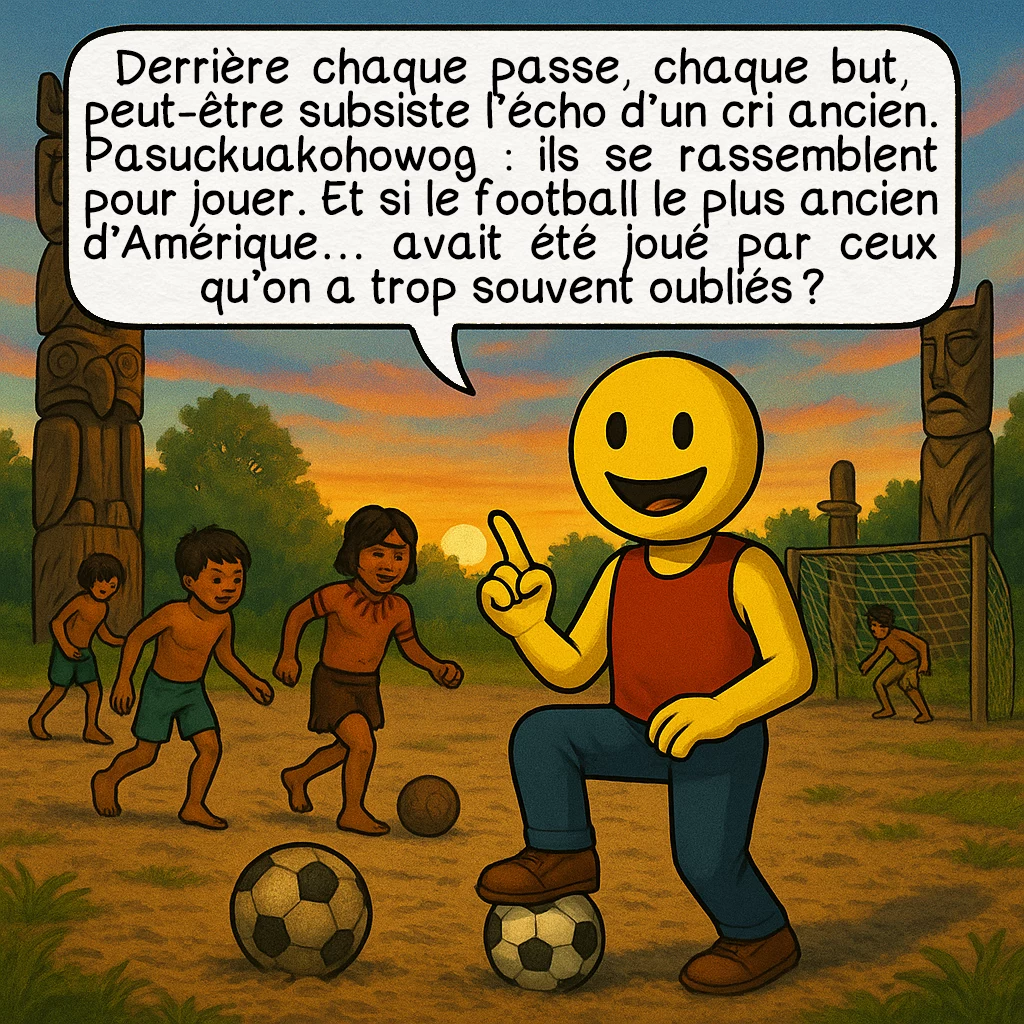 Le pasuckuakohowog, case 10 : Derrière chaque passe, chaque but, peut-être subsiste l’écho d’un cri ancien. Pasuckuakohowog : ils se rassemblent pour jouer. Et si le football le plus ancien d’Amérique… avait été joué par ceux qu’on a trop souvent oubliés ?