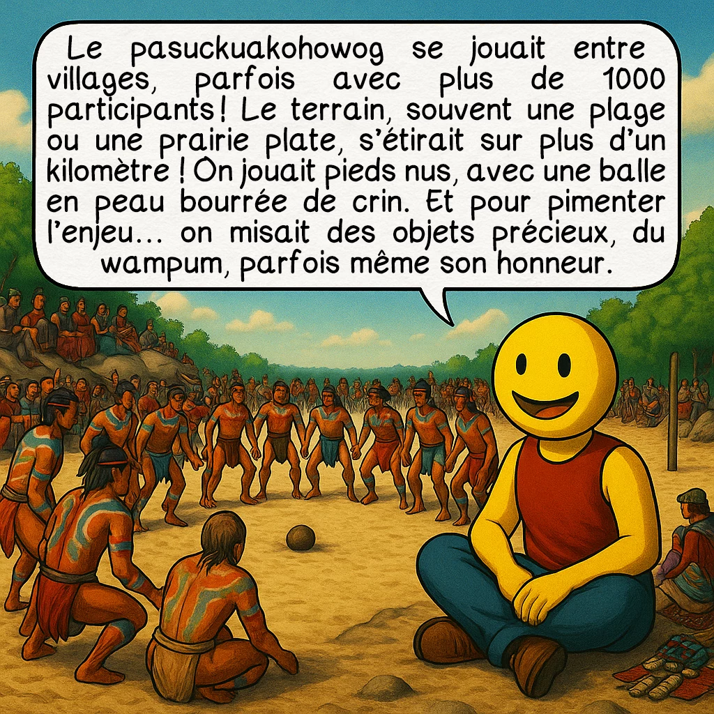 Le pasuckuakohowog, case 2 : Le pasuckuakohowog se jouait entre villages, parfois avec plus de 1000 participants ! Le terrain, souvent une plage ou une prairie plate, s’étirait sur un mile entier. On jouait pieds nus, avec une balle en peau bourrée de crin. Et pour pimenter l’enjeu… on misait des objets précieux, du wampum, parfois même son honneur.