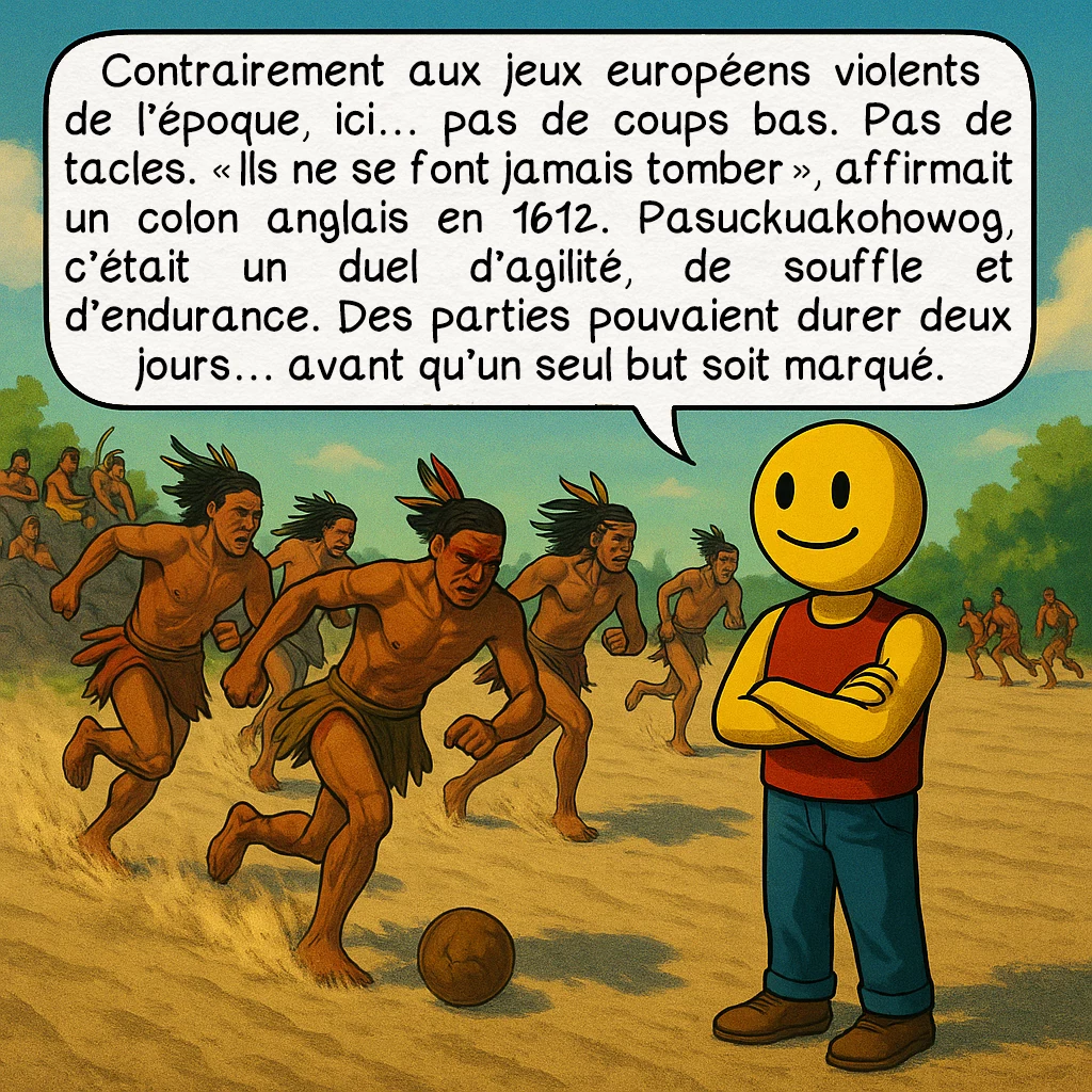 Le pasuckuakohowog, case 3 : Contrairement aux jeux européens violents de l’époque, ici… pas de coups bas. Pas de tacles. « Ils ne se font jamais tomber », affirmait un colon anglais en 1612. Pasuckuakohowog, c’était un duel d’agilité, de souffle et d’endurance. Des parties pouvaient durer deux jours… avant qu’un seul but soit marqué.