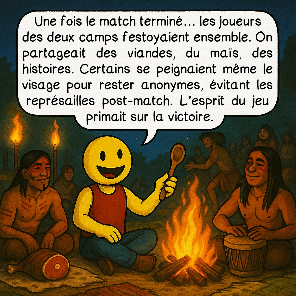 Le pasuckuakohowog, case 4 : Une fois le match terminé… les joueurs des deux camps festoyaient ensemble. On partageait des viandes, du maïs, des histoires. Certains se peignaient même le visage pour rester anonymes, évitant les représailles post-match. L’esprit du jeu primait sur la victoire.