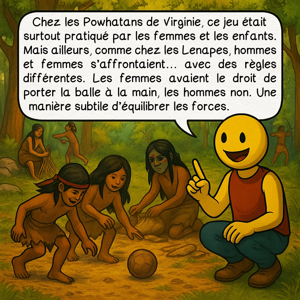 Le pasuckuakohowog, case 5 : Chez les Powhatans de Virginie, ce jeu était surtout pratiqué par les femmes et les enfants. Mais ailleurs, comme chez les Lenapes, hommes et femmes s’affrontaient… avec des règles différentes. Les femmes avaient le droit de porter la balle à la main, les hommes non. Une manière subtile d’équilibrer les forces.