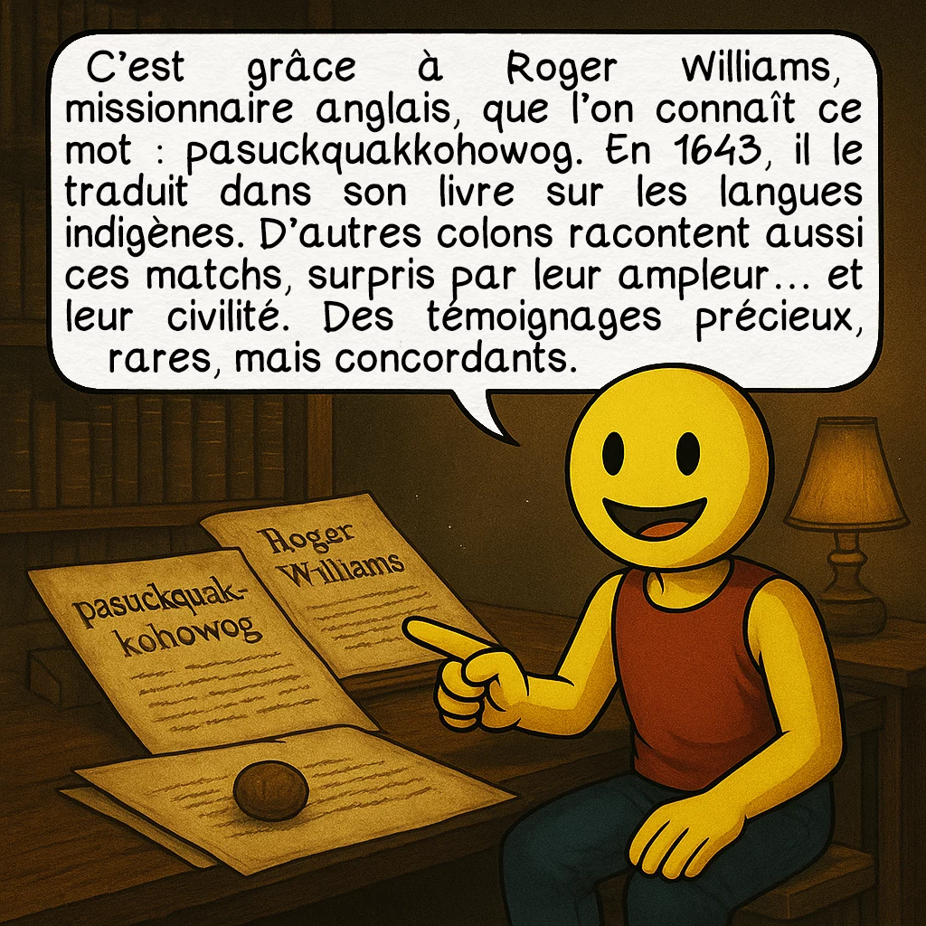 Le pasuckuakohowog, case 6 : C’est grâce à Roger Williams, missionnaire anglais, que l’on connaît ce mot : pasuckquakkohowog. En 1643, il le traduit dans son livre sur les langues indigènes. D’autres colons racontent aussi ces matchs, surpris par leur ampleur… et leur civilité. Des témoignages précieux, rares, mais concordants.