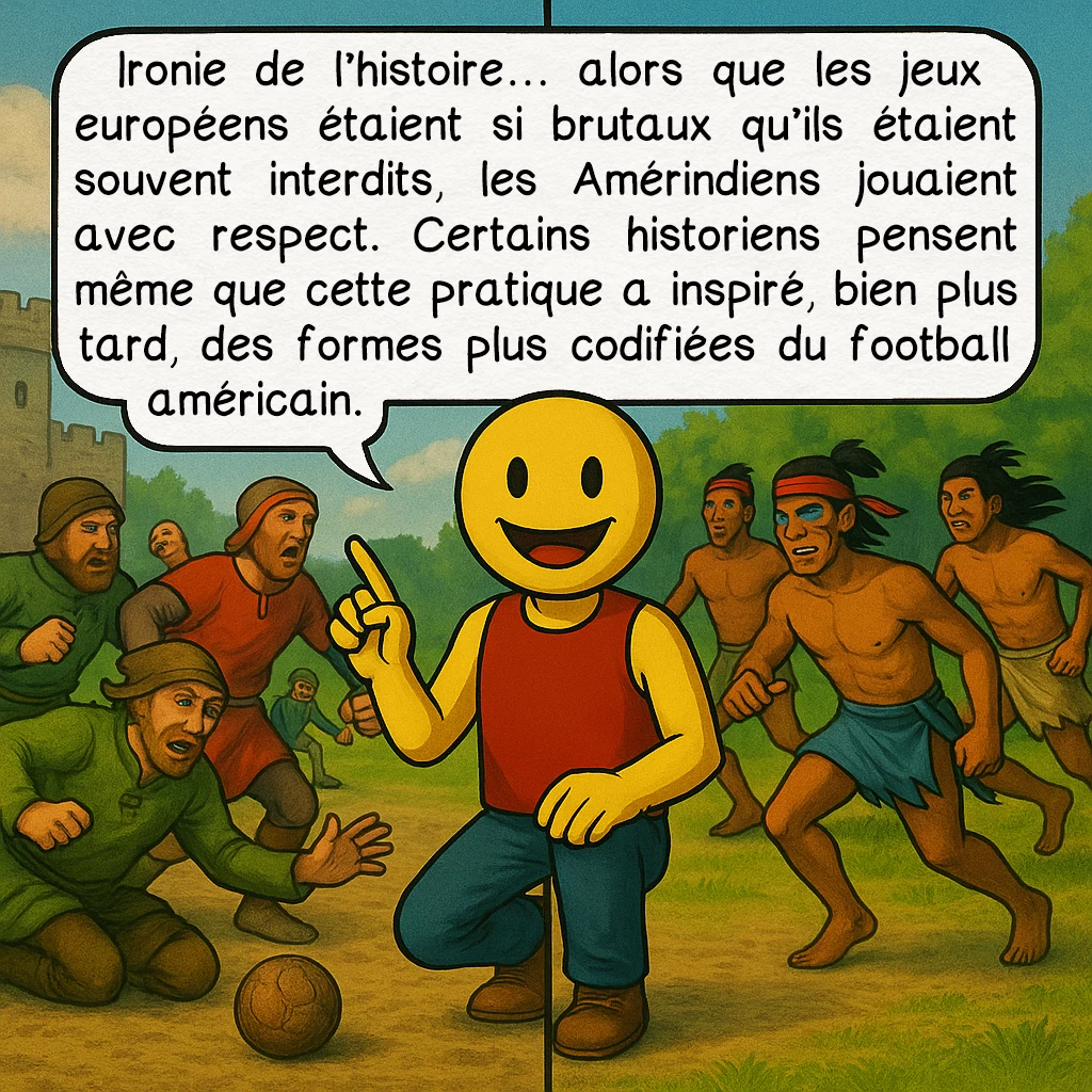 Le pasuckuakohowog, case 7 : Ironie de l’histoire… alors que les jeux européens étaient si brutaux qu’ils étaient souvent interdits, les Amérindiens jouaient avec respect. Certains historiens pensent même que cette pratique a inspiré, bien plus tard, des formes plus codifiées du football américain.