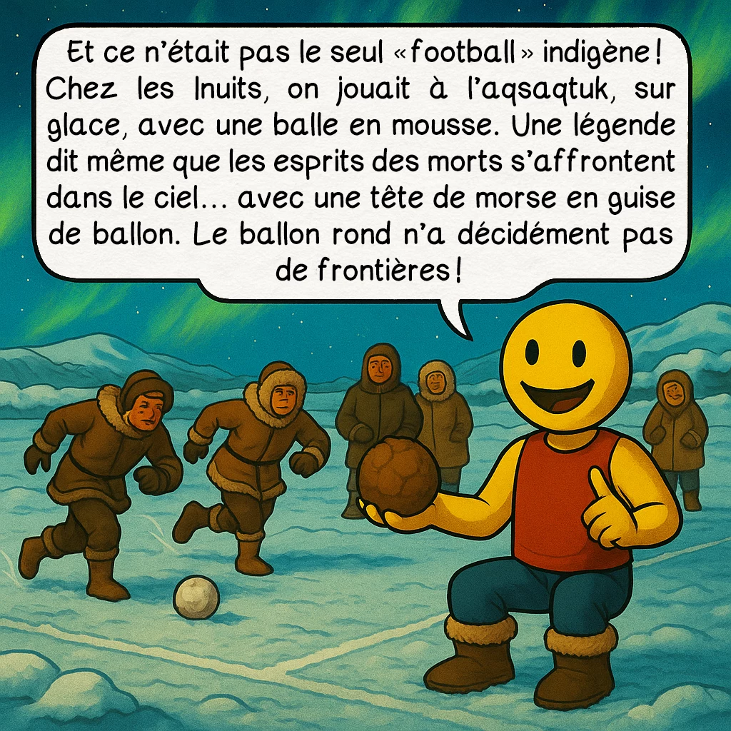 Le pasuckuakohowog, case 8 : Et ce n’était pas le seul « football » indigène ! Chez les Inuits, on jouait à l’aqsaqtuk, sur glace, avec une balle en mousse. Une légende dit même que les esprits des morts s’affrontent dans le ciel… avec une tête de morse en guise de ballon. Le ballon rond n’a décidément pas de frontières !