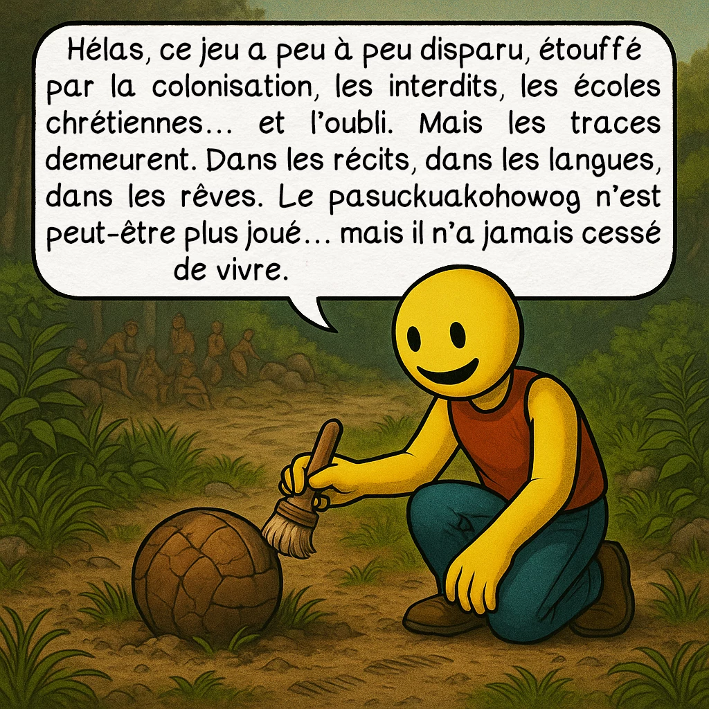 Le pasuckuakohowog, case 9 : Hélas, ce jeu a peu à peu disparu, étouffé par la colonisation, les interdits, les écoles chrétiennes… et l’oubli. Mais les traces demeurent. Dans les récits, dans les langues, dans les rêves. Le pasuckuakohowog n’est peut-être plus joué… mais il n’a jamais cessé de vivre.