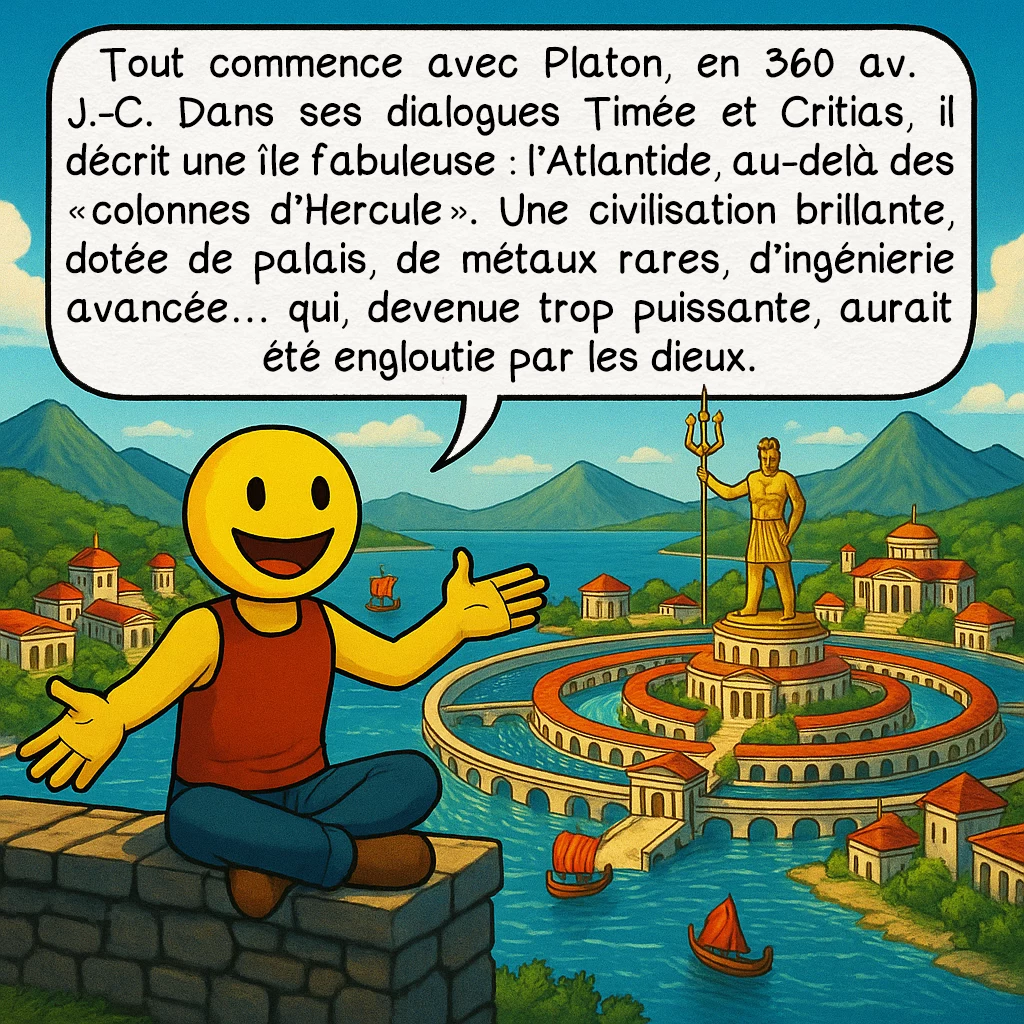 L’Atlantide, case 2 : Tout commence avec Platon, en 360 av. J.-C. Dans ses dialogues Timée et Critias, il décrit une île fabuleuse : l’Atlantide, au-delà des « colonnes d’Hercule ». Une civilisation brillante, dotée de palais, de métaux rares, d’ingénierie avancée… qui, devenue trop puissante, aurait été engloutie par les dieux.