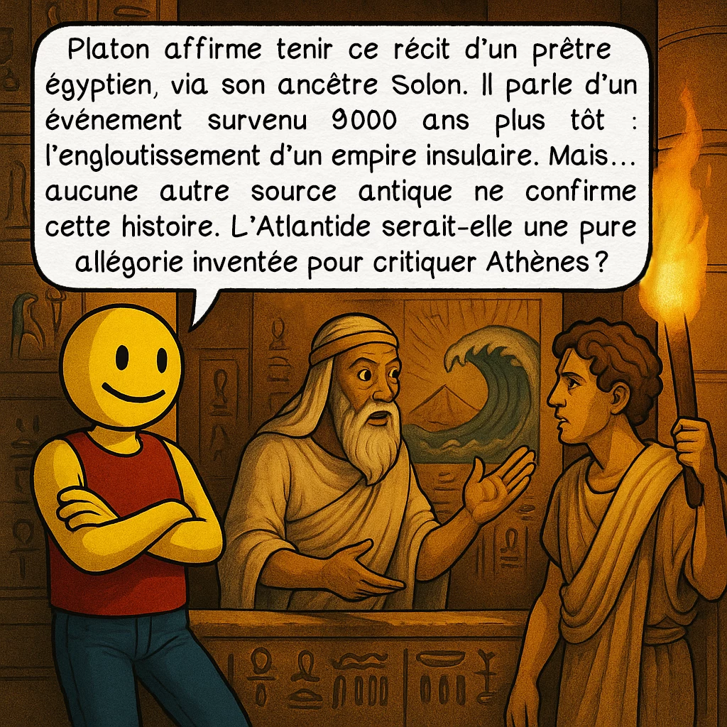 L’Atlantide, case 3 : Platon affirme tenir ce récit d’un prêtre égyptien, via son ancêtre Solon. Il parle d’un événement survenu 9 000 ans plus tôt : l’engloutissement d’un empire insulaire. Mais… aucune autre source antique ne confirme cette histoire. L’Atlantide serait-elle une pure allégorie inventée pour critiquer Athènes ?