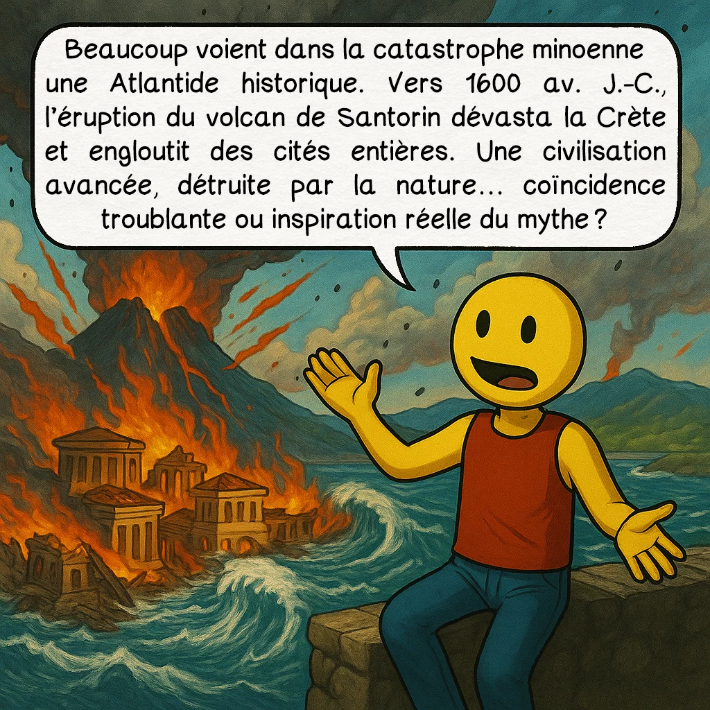 L’Atlantide, case 4 : Beaucoup voient dans la catastrophe minoenne une Atlantide historique. Vers 1600 av. J.-C., l’éruption du volcan de Santorin dévasta la Crète et engloutit des cités entières. Une civilisation avancée, détruite par la nature… coïncidence troublante ou inspiration réelle du mythe ?