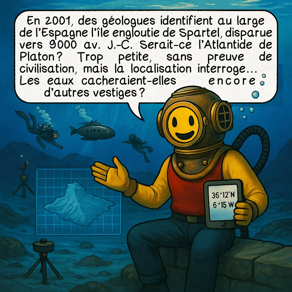 L’Atlantide, case 5 : En 2001, des géologues identifient au large de l’Espagne l’île engloutie de Spartel, disparue vers 9 000 av. J.-C. Serait-ce l’Atlantide de Platon ? Trop petite, sans preuve de civilisation, mais la localisation interroge… Les eaux cacheraient-elles encore d’autres vestiges ?