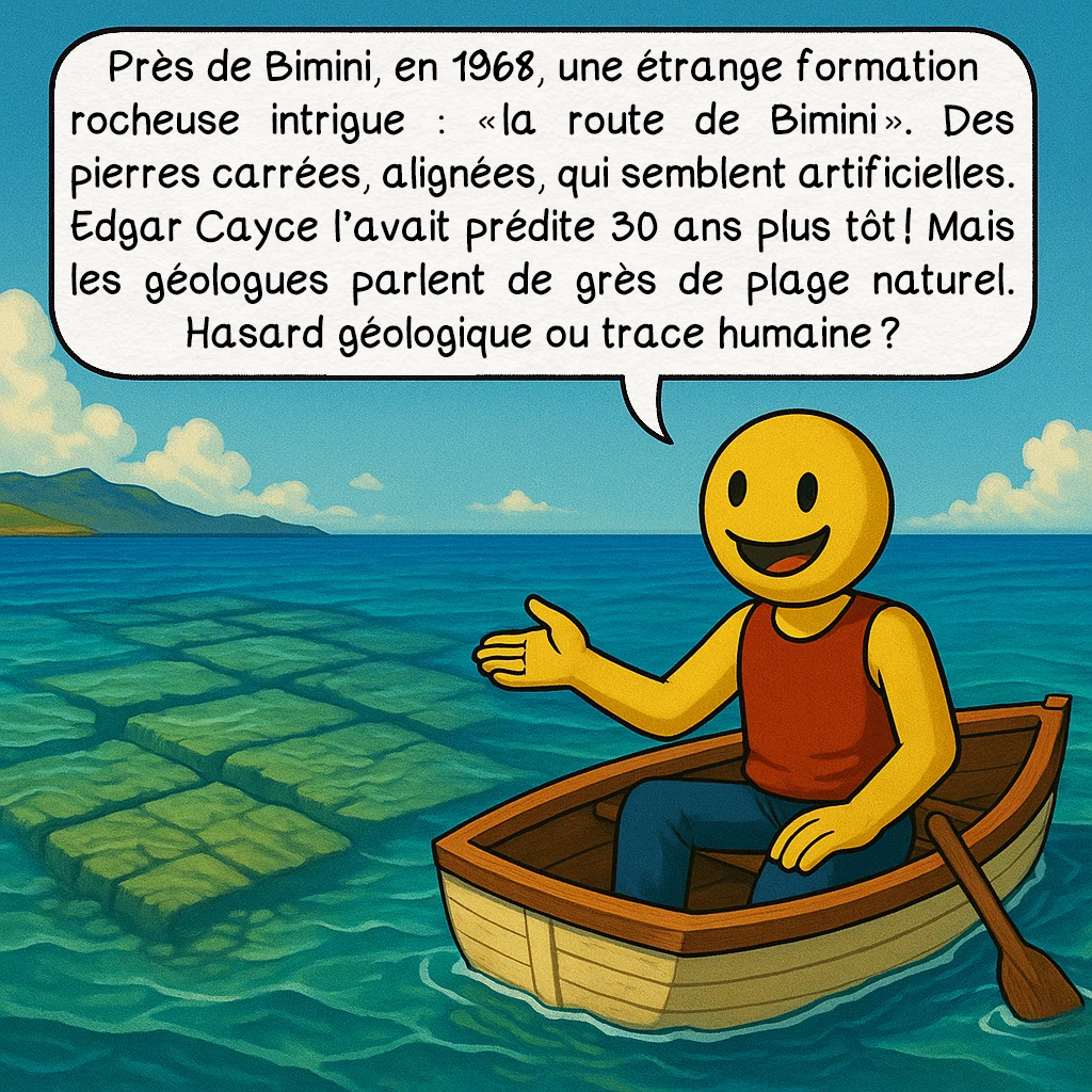 L’Atlantide, case 6 : Près de Bimini, en 1968, une étrange formation rocheuse intrigue : « la route de Bimini ». Des pierres carrées, alignées, qui semblent artificielles. Edgar Cayce l’avait prédite 30 ans plus tôt ! Mais les géologues parlent de grès de plage naturel. Hasard géologique ou trace humaine ?