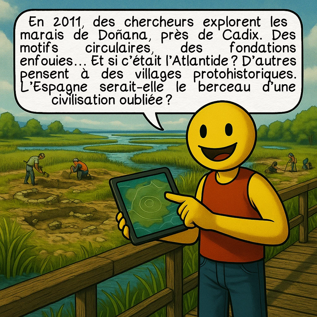 L’Atlantide, case 7 : En 2011, des chercheurs explorent les marais de Doñana, près de Cadix. Des motifs circulaires, des fondations enfouies… Et si c’était l’Atlantide ? D’autres pensent à des villages protohistoriques. L’Espagne serait-elle le berceau d’une civilisation oubliée ?