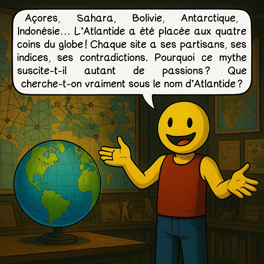 L’Atlantide, case 8 : Açores, Sahara, Bolivie, Antarctique, Indonésie… L’Atlantide a été placée aux quatre coins du globe ! Chaque site a ses partisans, ses indices, ses contradictions. Pourquoi ce mythe suscite-t-il autant de passions ? Que cherche-t-on vraiment sous le nom d’Atlantide ?