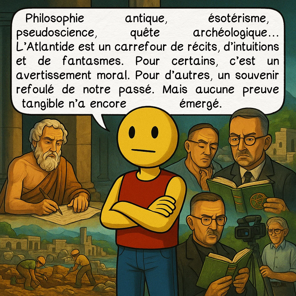 L’Atlantide, case 9 : Philosophie antique, ésotérisme, pseudoscience, quête archéologique… L’Atlantide est un carrefour de récits, d’intuitions et de fantasmes. Pour certains, c’est un avertissement moral. Pour d’autres, un souvenir refoulé de notre passé. Mais aucune preuve tangible n’a encore émergé.