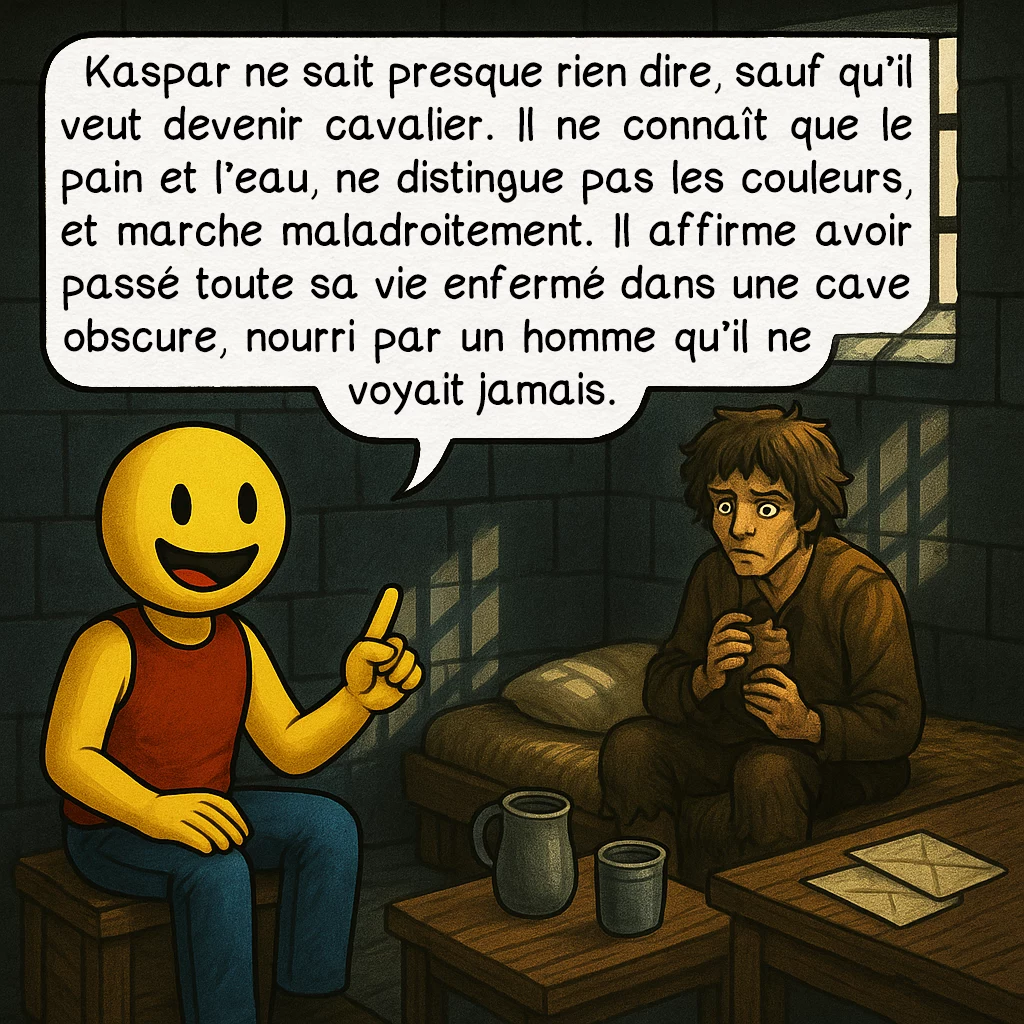 Kaspar Hauser, case 2 : Kaspar ne sait presque rien dire, sauf qu’il veut devenir cavalier. Il ne connaît que le pain et l’eau, ne distingue pas les couleurs, et marche maladroitement. Il affirme avoir passé toute sa vie enfermé dans une cave obscure, nourri par un homme qu’il ne voyait jamais.