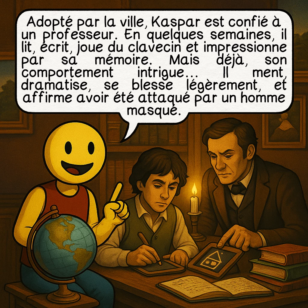 Kaspar Hauser, case 3 : Adopté par la ville, Kaspar est confié à un professeur. En quelques semaines, il lit, écrit, joue du clavecin et impressionne par sa mémoire. Mais déjà, son comportement intrigue… Il ment, dramatise, se blesse légèrement, et affirme avoir été attaqué par un homme masqué.