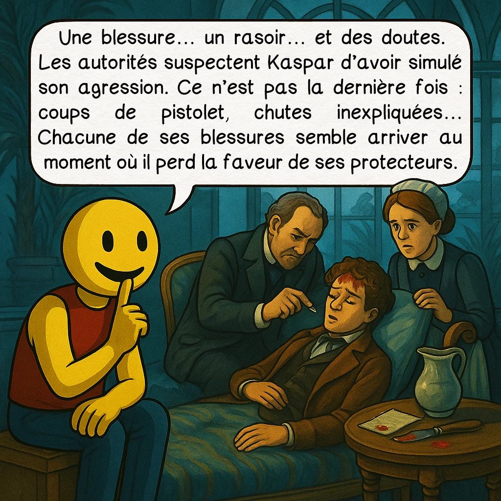 Kaspar Hauser, case 4 : Une blessure… un rasoir… et des doutes. Les autorités suspectent Kaspar d’avoir simulé son agression. Ce n’est pas la dernière fois : coups de pistolet, chutes inexpliquées… Chacune de ses blessures semble arriver au moment où il perd la faveur de ses protecteurs.