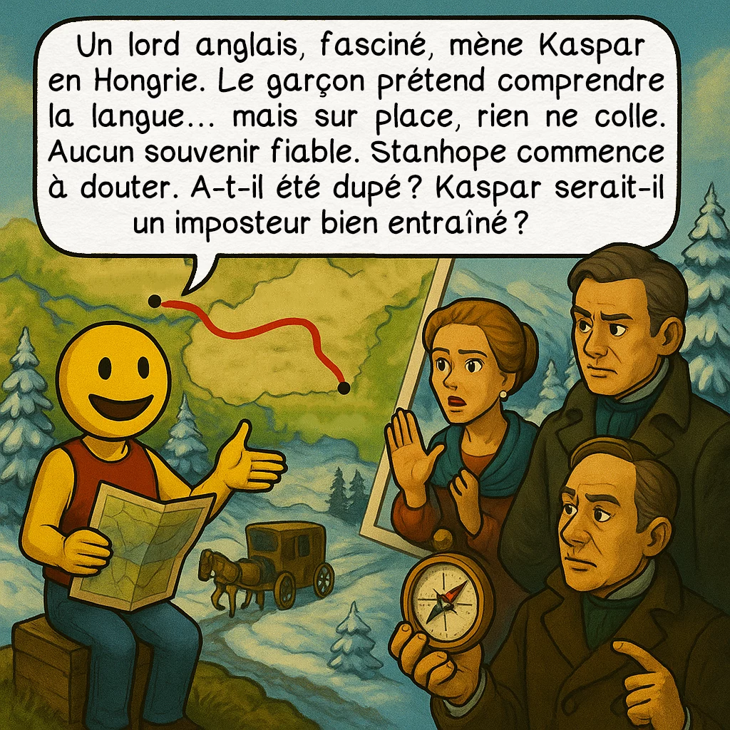 Kaspar Hauser, case 5 : Un lord anglais, fasciné, mène Kaspar en Hongrie. Le garçon prétend comprendre la langue… mais sur place, rien ne colle. Aucun souvenir fiable. Stanhope commence à douter. A-t-il été dupé ? Kaspar serait-il un imposteur bien entraîné ?