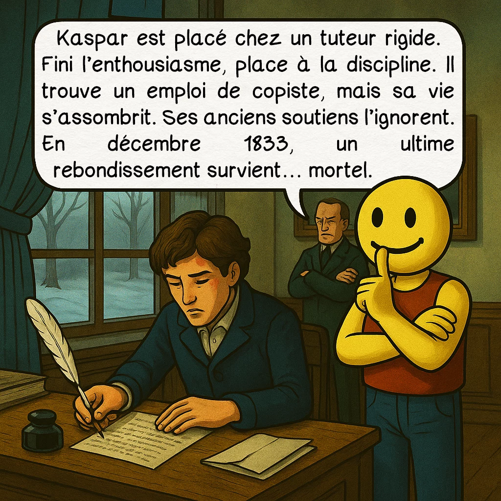 Kaspar Hauser, case 6 : Kaspar est placé chez un tuteur rigide. Fini l’enthousiasme, place à la discipline. Il trouve un emploi de copiste, mais sa vie s’assombrit. Ses anciens soutiens l’ignorent. En décembre 1833, un ultime rebondissement survient… mortel.